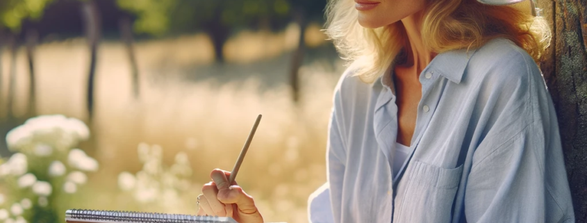 An image of a woman sketching nature to help avoid diabesity symptoms.