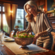 An image of a woman with a large serving bowl of salad practicing diabesity cooking.