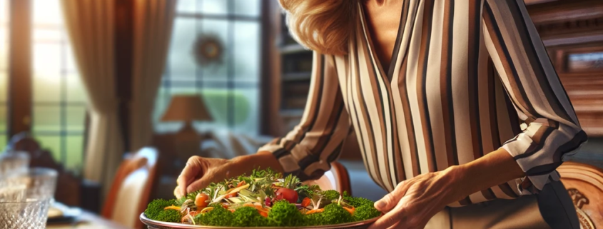 An image of a woman with a large serving bowl of salad practicing diabesity cooking.