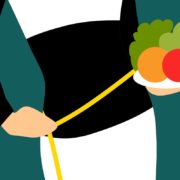 A graphical image of a woman holding a tape measure around her waist with one hand and holding a plate of healthy foods in the other hand.