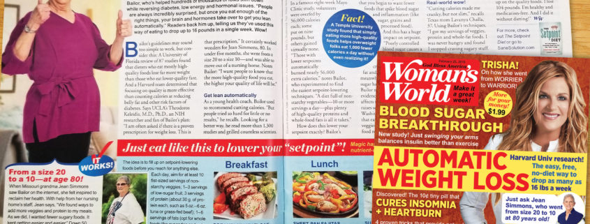 An image of Woman's World magazine with an article about automatic weight loss.