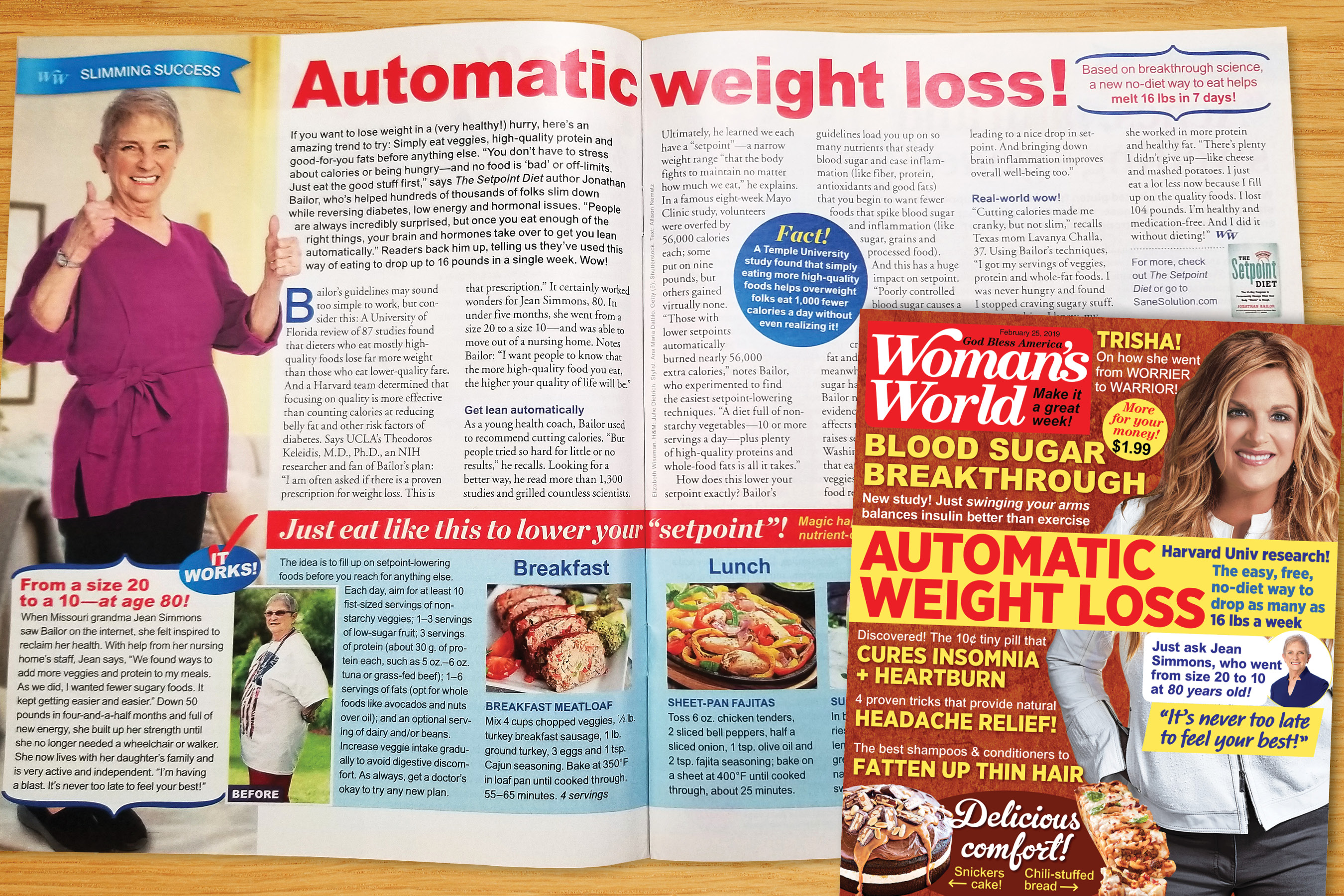 An image of Woman's World magazine with an article about automatic weight loss. 