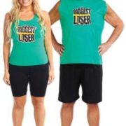 An image of a man and woman wearing green "biggest loser" t-shirts.