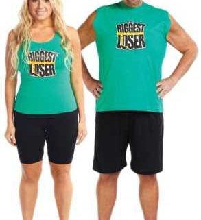An image of a man and woman wearing green "biggest loser" t-shirts.