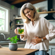 An image of a woman holding her bloated stomach in pain and drinking a cup of peppermint tea.