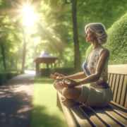 An image of a woman meditating on a park bench to help tributyrate benefit her gut.