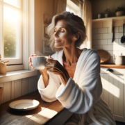 An image of a woman enjoying the morning sun to promote healthy bowel movements.