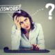 An image of a puzzled woman, fingers above computer keyword, with text that reads, password, and a question mark beside it.