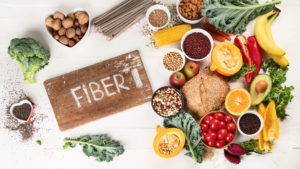 An image of high-fiber foods, like nuts, broccoli, and bananas, surrounding a wooden sign that reads "Fiber!"