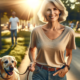An image of a mature woman walking her dog in the park to lower setpoint and lose weight.