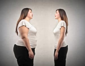 A an image of a young woman before and after weight loss.