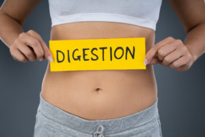 An image of a young woman holding a sign that reads "digestion" in front of her bare stomach.
