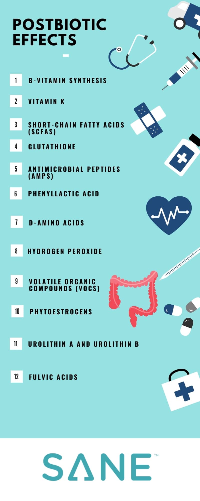 An infographic of types of postbiotic metabolites. Infographic text is below. 
