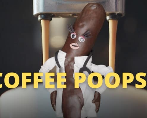 A cartoon image of the poop doctor with text that reads "coffee poop."
