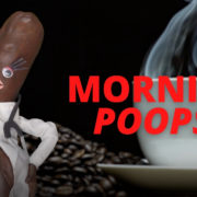 A cartoon image of poo doctor beside a steamy cup of coffee with text that reads "morning poops."