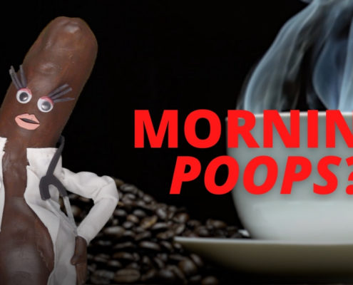 A cartoon image of poo doctor beside a steamy cup of coffee with text that reads "morning poops."