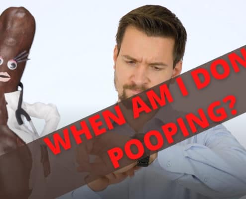 An image of a man standing beside poo doctor with text that reads "when am I done pooping?"
