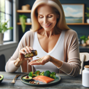 An image of a woman taking memory supplements and enjoying brain-boosting foods.