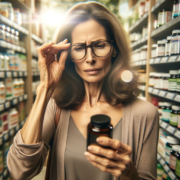 An image of a woman reading a label on vitamins for brain health.