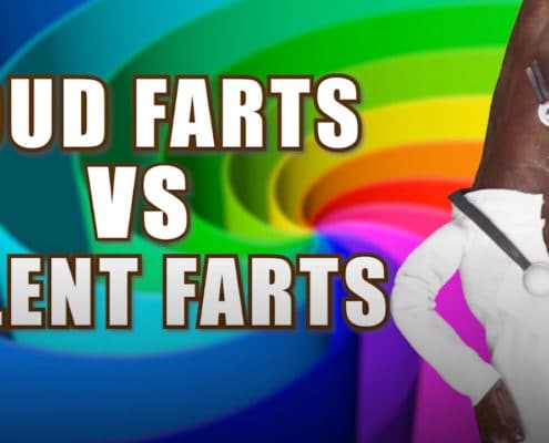 An image of the poop doctor with text that reads "loud farts vs. silent farts."