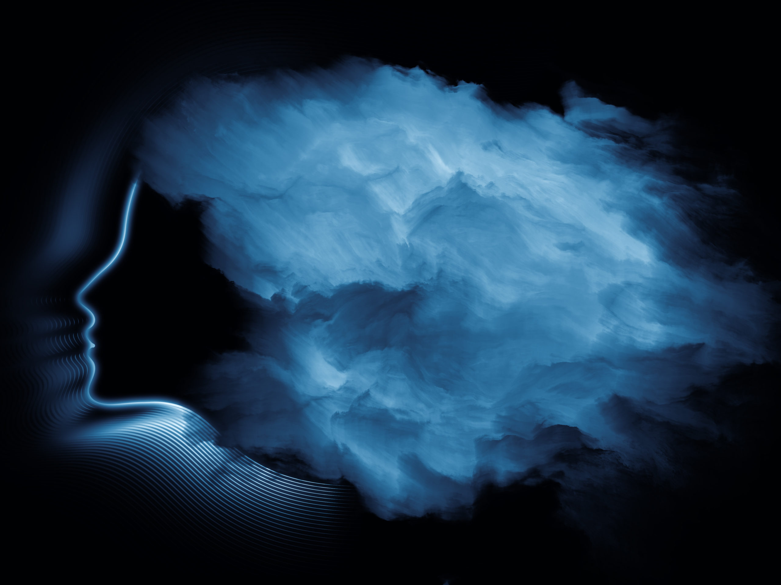 A graphical image of a profile of a woman's face with blue fog around her head.