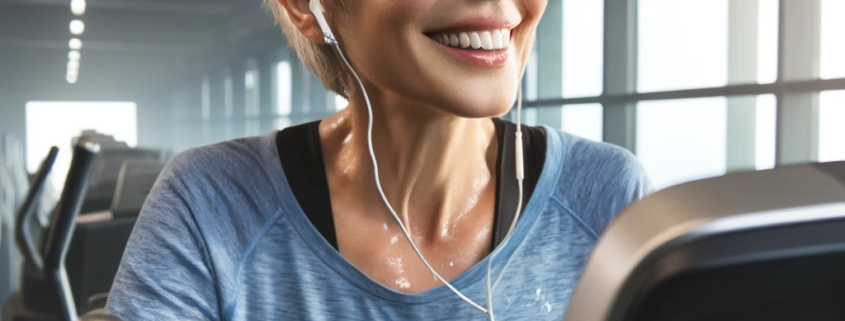 An Image of a Woman on Elliptical Machine at Gym to Lose Thigh Fat