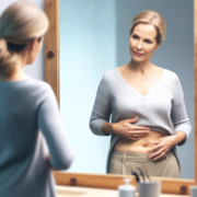 An image of a woman looking at her slim gut in the mirror.