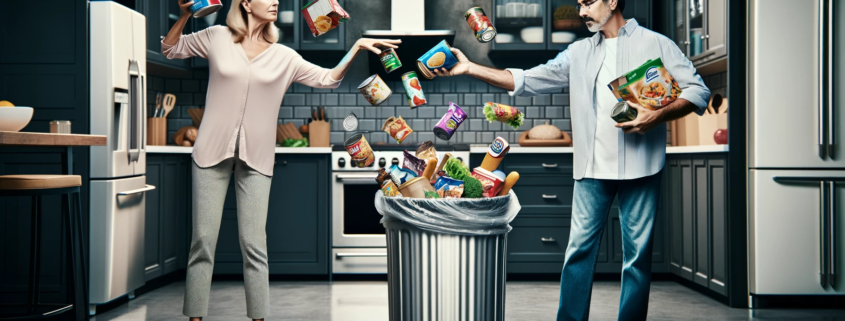 An image of a man and woman throwing away processed foods.