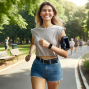 An image of a woman jogging in the park to help her postbiotic supplement work.