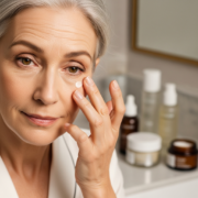 Mature woman over 60 applying eye cream for wrinkle treatment