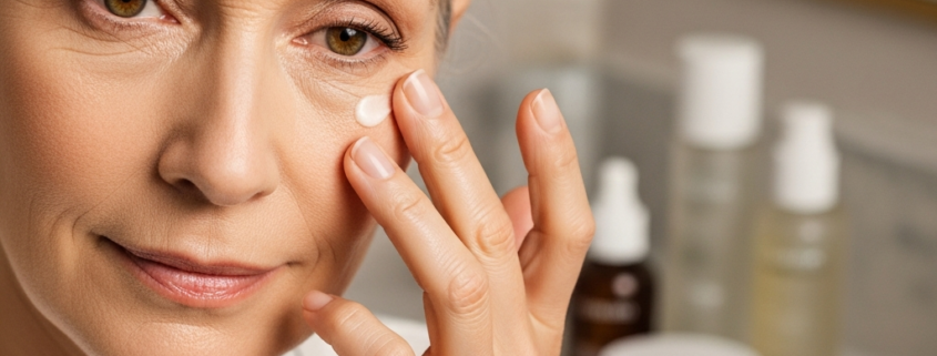Mature woman over 60 applying eye cream for wrinkle treatment