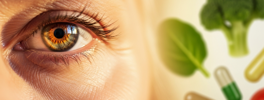 Senior woman with healthy eyes surrounded by eye-health nutrients including lutein-rich leafy greens and supplement capsules
