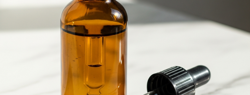 Retinol serum bottle with dropper on marble surface, best retinol for women over 60