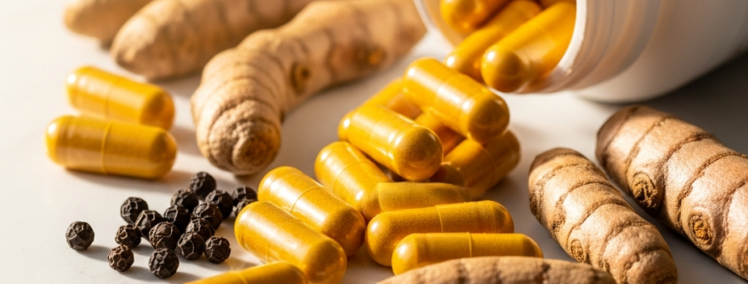 Turmeric curcumin supplement capsules with fresh turmeric root for senior joint pain relief