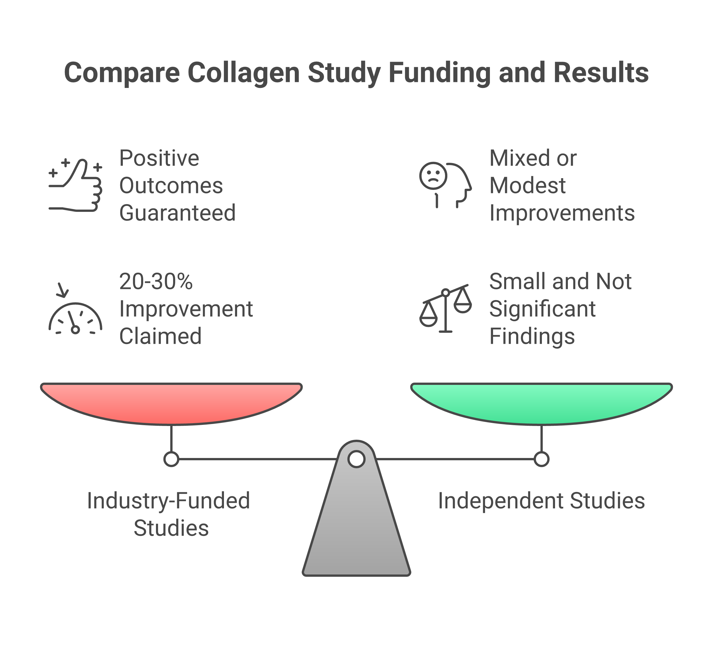 Comparison of industry-funded vs independent collagen supplement studies showing funding bias in research outcomes