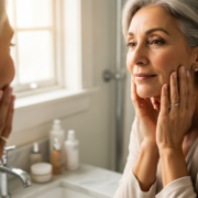 Mature woman over 60 with clear skin applying dark spot treatment in bathroom