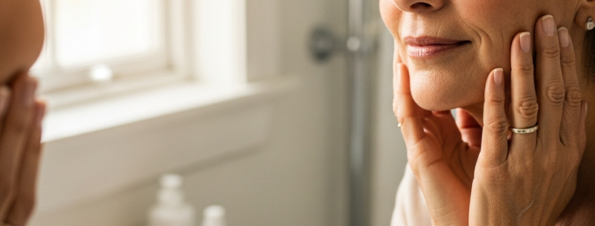 Mature woman over 60 with clear skin applying dark spot treatment in bathroom