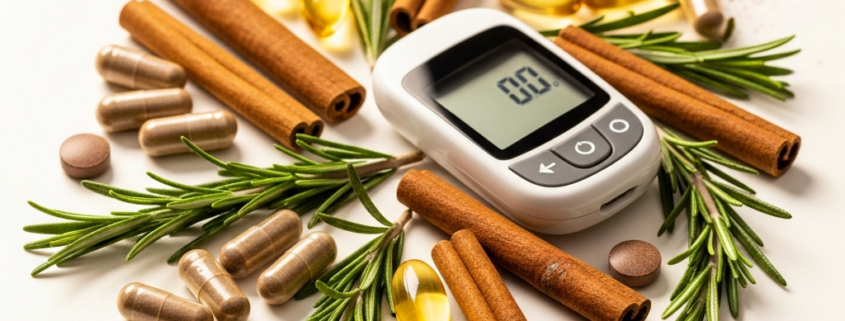 Natural blood sugar support supplements including berberine capsules and cinnamon with a glucose monitor