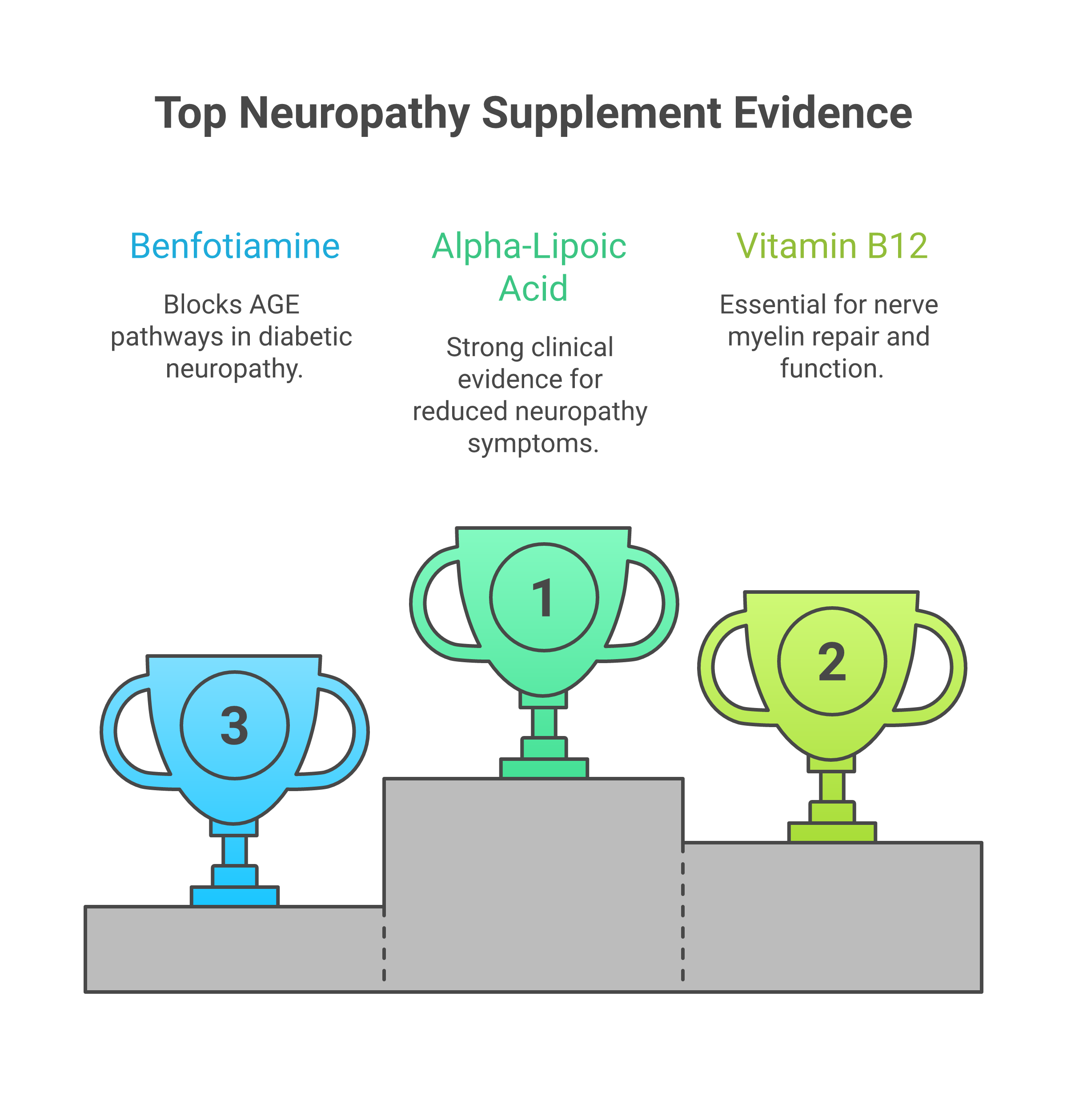 Tier list ranking supplements for foot neuropathy by clinical evidence strength from alpha-lipoic acid and B12 in Tier A to curcumin in Tier C