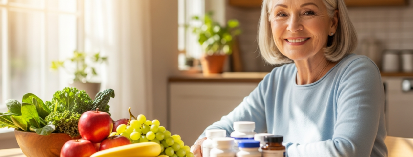Senior woman with vitamins and fresh produce for dental health after 60